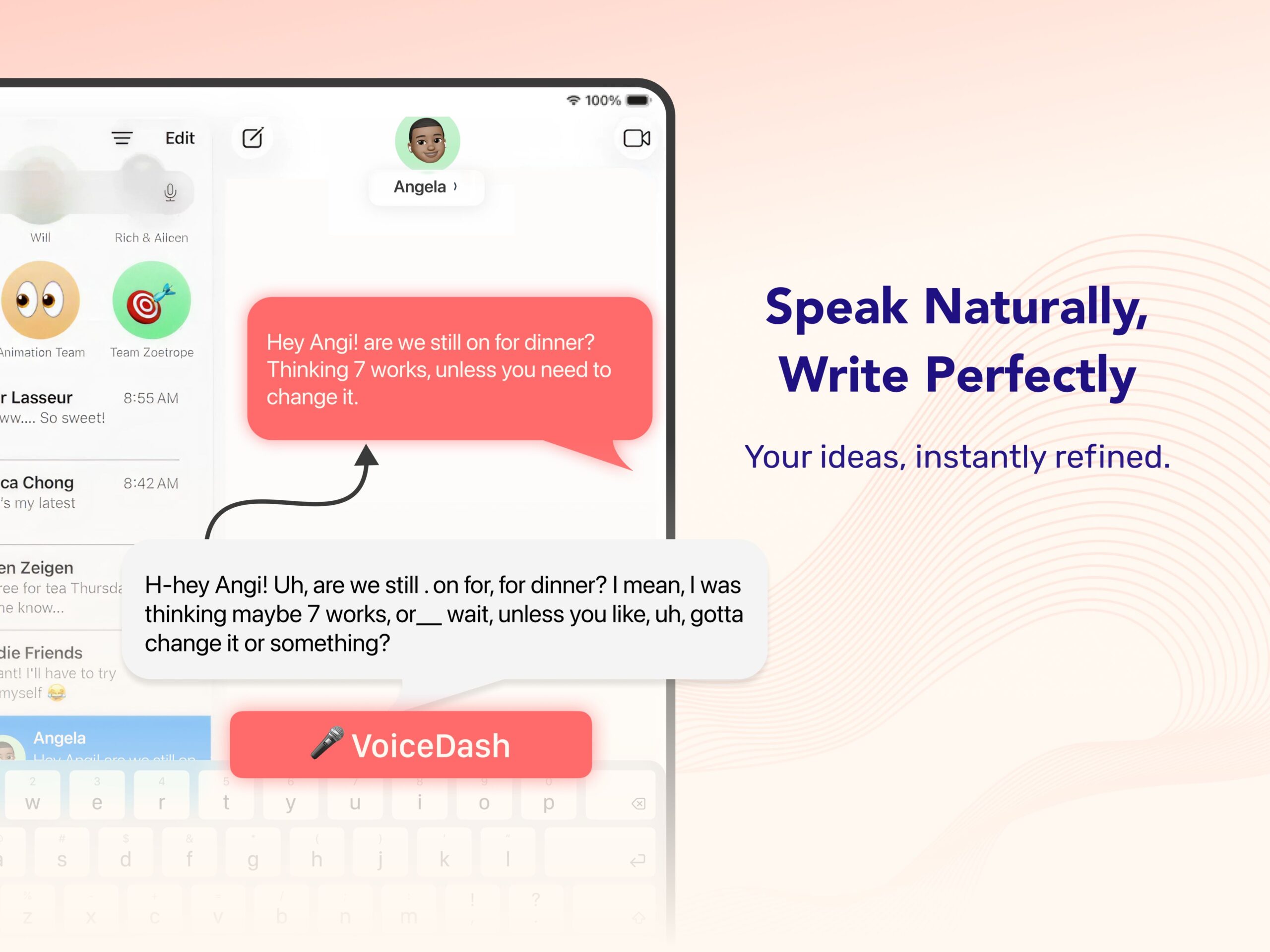 A screenshot of VoiceDash app showing how it transform voice to a polished well-formatted text