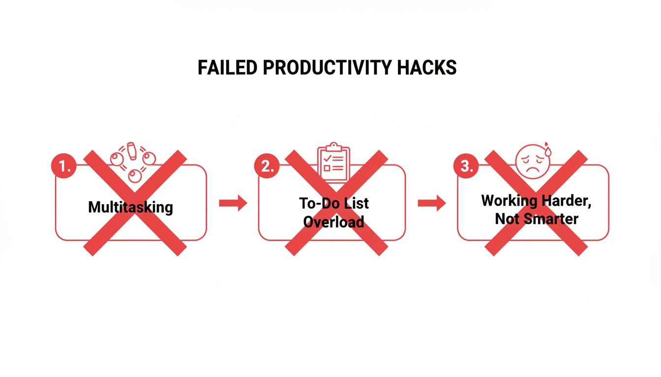 How to Increase Work Efficiency & Reclaim Your Focus 2 An infographic listing three failed productivity hacks: multitasking, to-do list overload, and working harder not smarter.