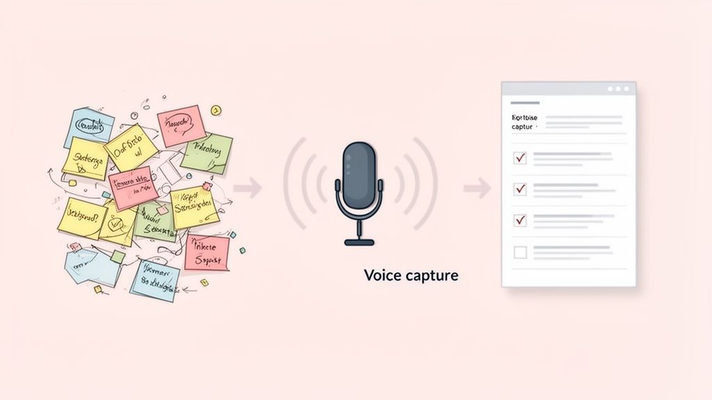 How to Increase Work Efficiency & Reclaim Your Focus 4 Diagram illustrating how voice capture transforms messy sticky note ideas into an organized digital checklist.
