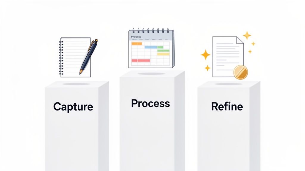 How to Increase Work Efficiency & Reclaim Your Focus 3 Illustration of three pillars representing steps: Capture, Process, Refine, with icons for tasks and results.