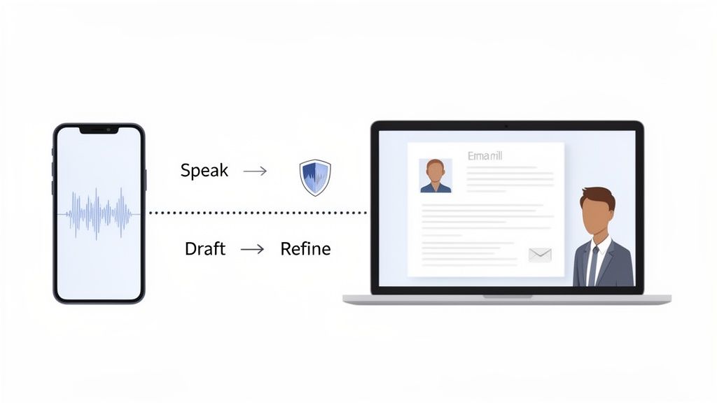 How to Use AI to Write Emails Without Sounding Like a Robot 4 Voice input from a smartphone is processed by AI to draft and refine an email displayed on a laptop.