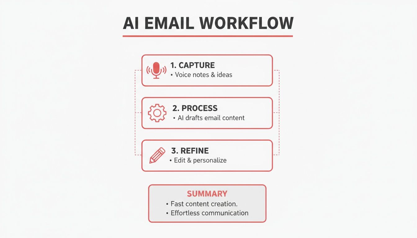 How to Use AI to Write Emails Without Sounding Like a Robot 3 AI email workflow diagram illustrating steps for capturing, processing, and refining email content.