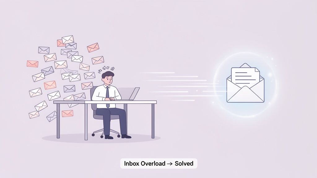 How to Use AI to Write Emails Without Sounding Like a Robot 2 Illustration of a man at a desk overwhelmed by email overload, with a single optimized email representing a solution.