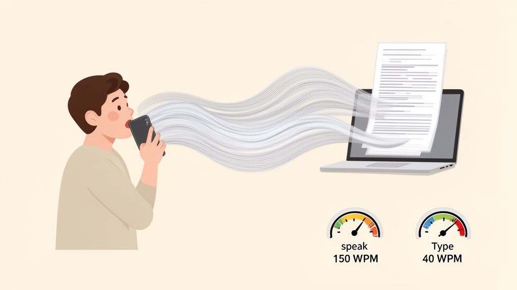 How to Write an Essay Faster: A Structured Workflow 4 A person speaks into a smartphone, converting speech to text on a laptop, illustrating faster input.