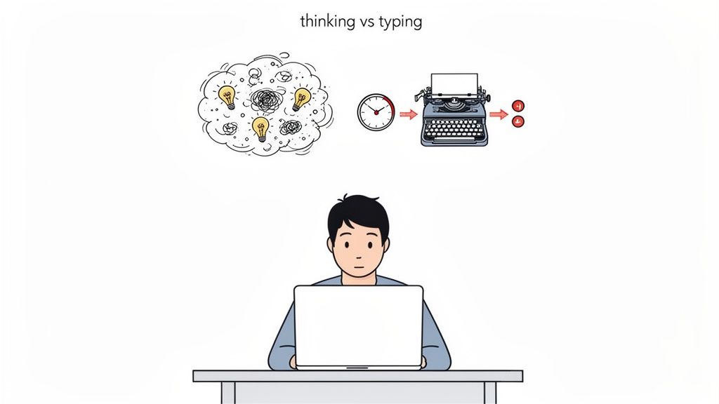 How to Write an Essay Faster: A Structured Workflow 2 Illustration of a person brainstorming, then using a clock and typewriter to convert thoughts into typed output.
