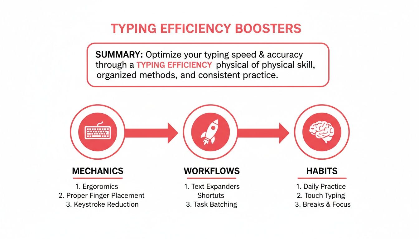 How to Write Faster on a Keyboard: A Structured Guide 2 Diagram illustrating typing efficiency boosters, including mechanics, workflows, and habits for improved speed and accuracy.