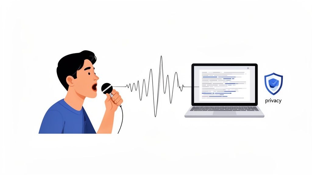 How to Write Faster on a Keyboard: A Structured Guide 3 Illustration of a person speaking into a microphone, converting audio to text on a laptop with a privacy shield.
