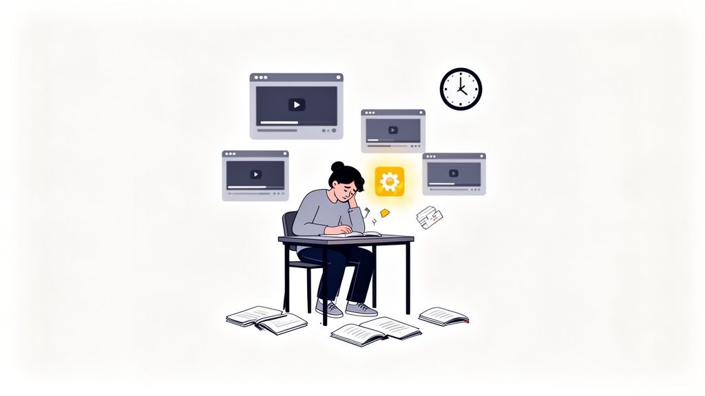 How to Review Lectures Faster: The Modern 2026 Guide 2 A tired student sits at a desk surrounded by multiple video lectures, books, and a clock.
