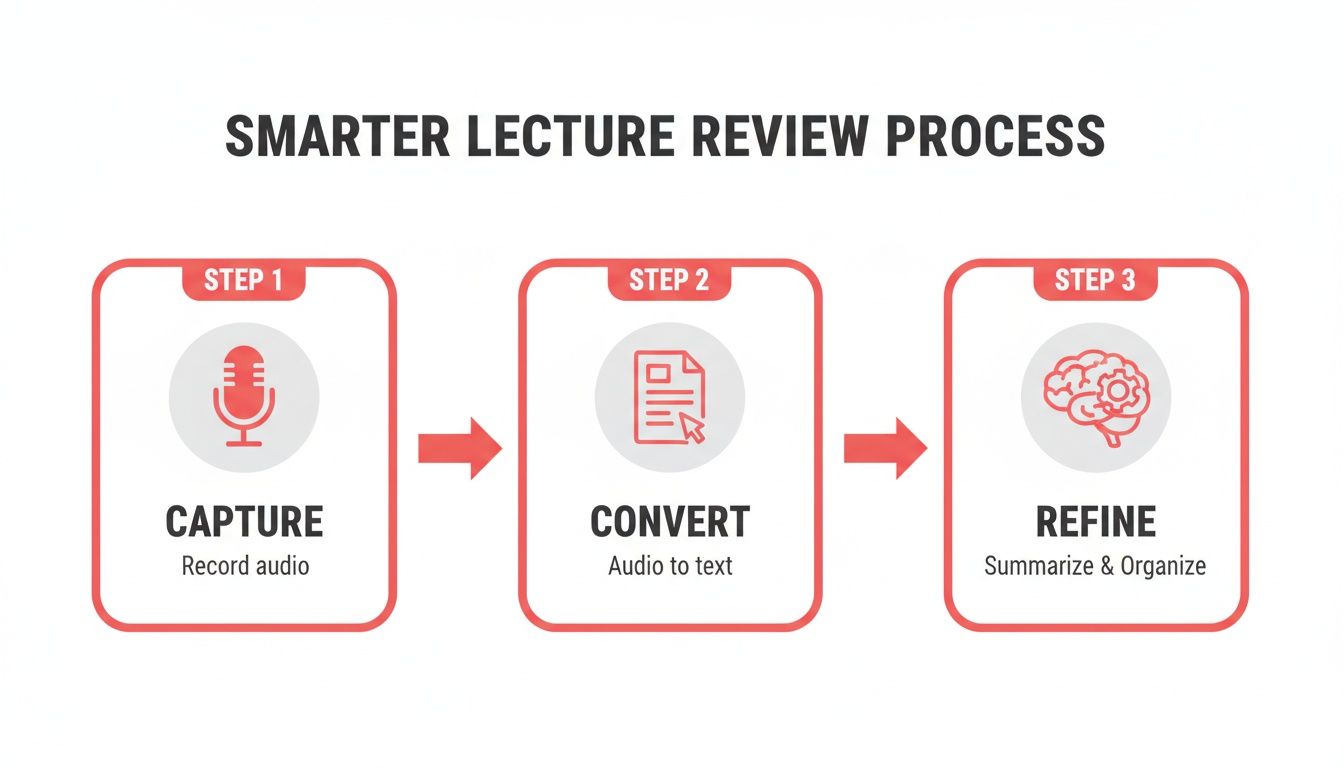 How to Review Lectures Faster: The Modern 2026 Guide 3 A diagram outlining a smarter lecture review process in three steps: capture audio, convert to text, and refine by summarizing and organizing.