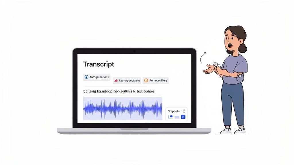 How to Write a Book Using Voice-to-Text: Complete Dictation Guide 4 A cartoon woman with hand gestures next to a laptop displaying a voice-to-text transcript.