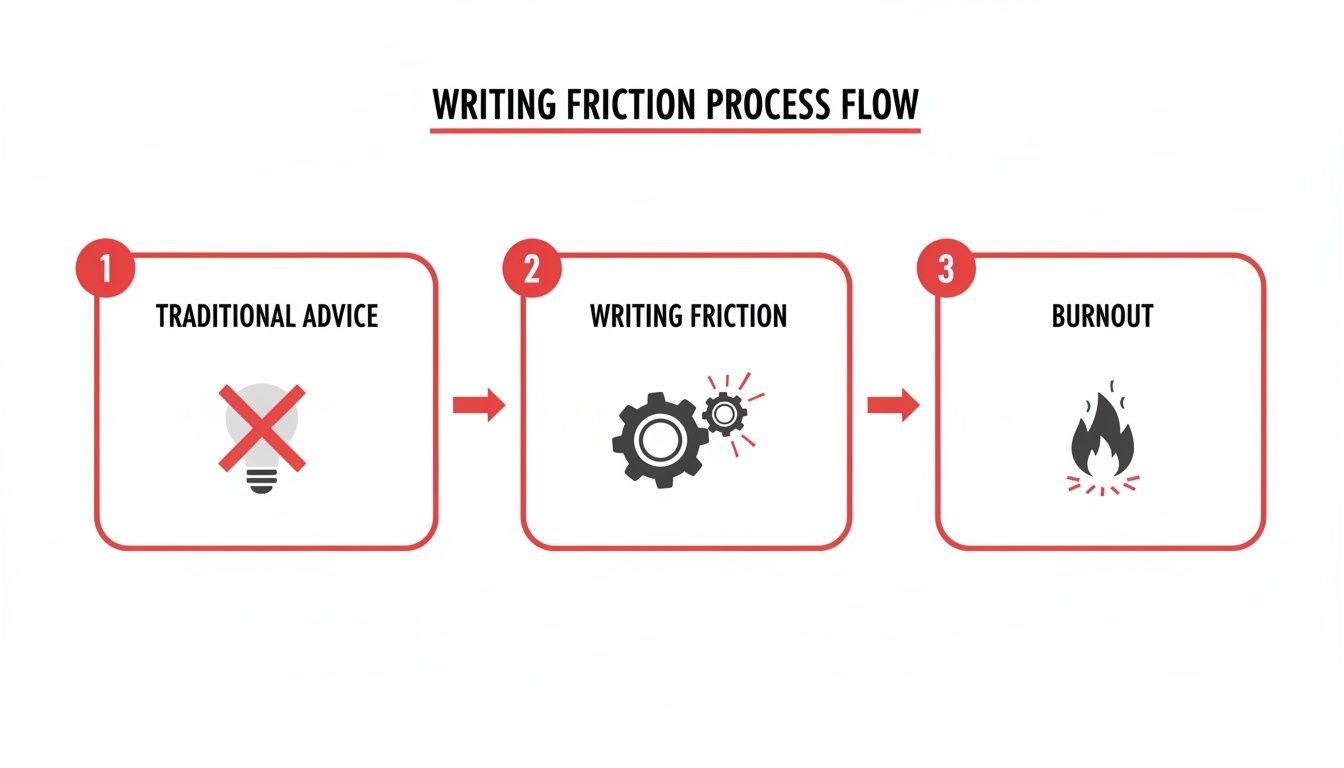 How to Write a Book Using Voice-to-Text: Complete Dictation Guide 3 A flow chart illustrating how traditional advice leads to writing friction and ultimately burnout.