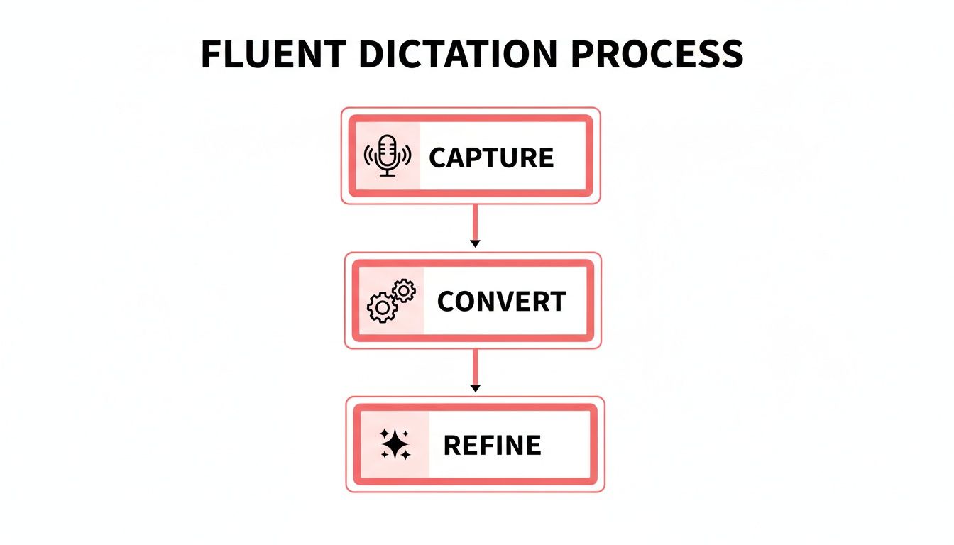 A Guide to Modern Multilingual Dictation 3 Flowchart illustrating the Fluent Dictation Process steps: Capture (microphone), Convert (gears), and Refine (sparkles).