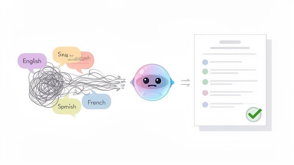A Guide to Modern Multilingual Dictation 4 Speech bubbles representing various languages feed into a processing bot, resulting in an organized checklist.