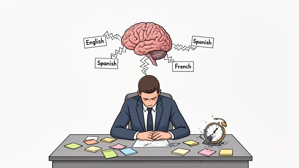 A Guide to Modern Multilingual Dictation 2 Illustration of a stressed man struggling with multiple languages (English, Spanish, French) at a desk, with a broken clock.