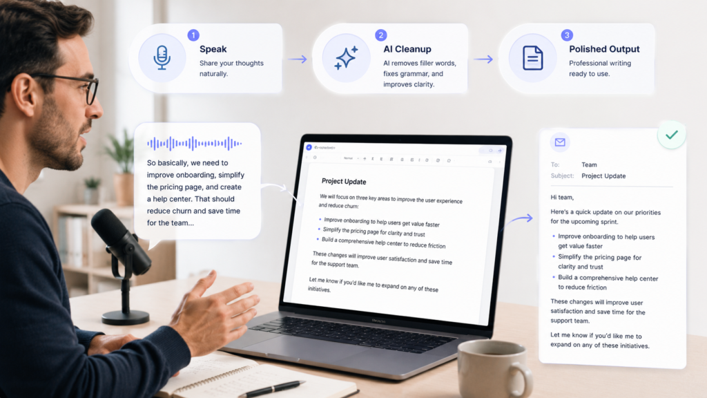 Best AI Productivity Tools in 2026: 25 Tools That Actually Save Time 3 Voice-to-text workflow turning spoken ideas into polished written work