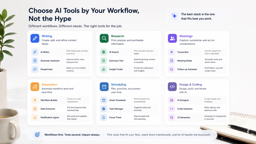 Best AI Productivity Tools in 2026: 25 Tools That Actually Save Time 4 AI productivity tools grouped by workflow category