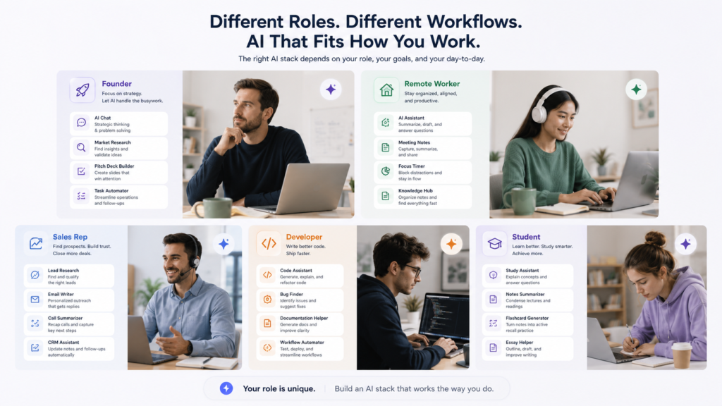Best AI Productivity Tools in 2026: 25 Tools That Actually Save Time 6 Role-based AI productivity stacks for different professionals