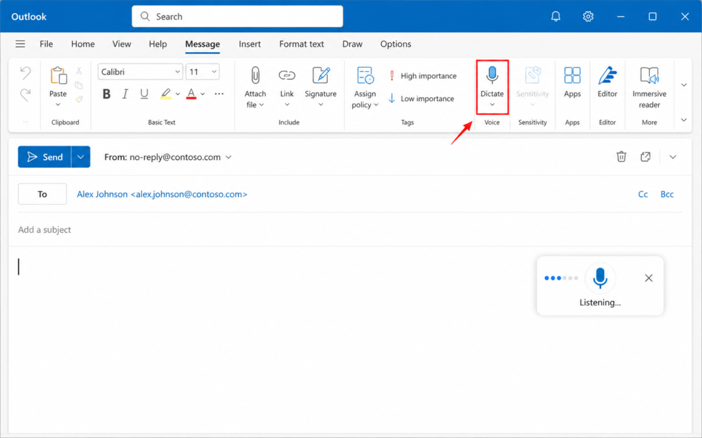 Outlook Dictation: How to Dictate Emails in Outlook in 2026 2 Dictate button in the Message tab of new Microsoft Outlook