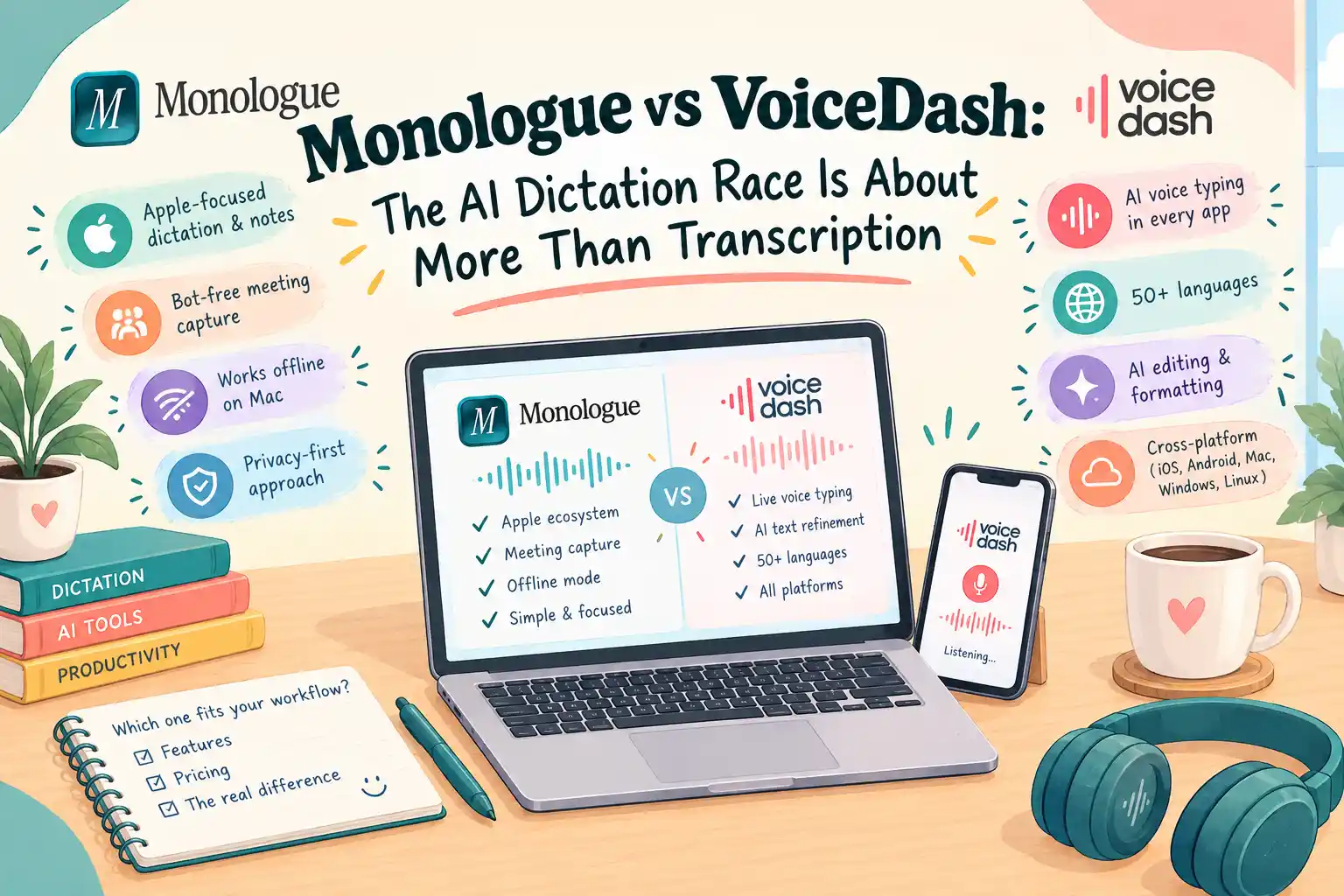 Monologue vs VoiceDash (2026): AI Dictation, Privacy, Pricing & Features 1 Monologue vs VoiceDash
