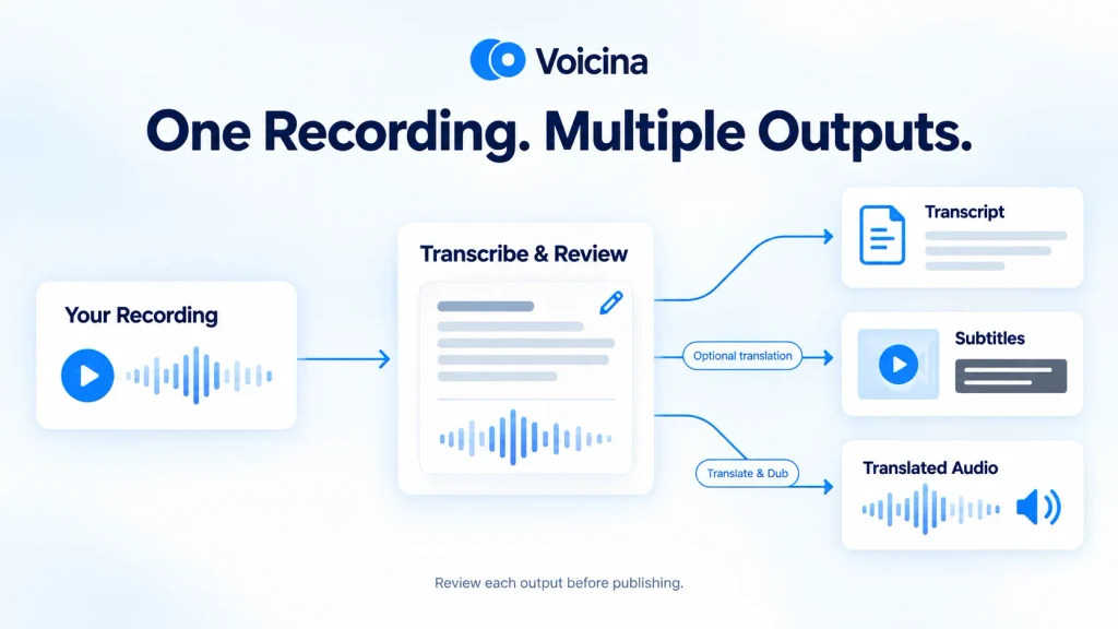 Voicina: AI Transcription, Subtitles, Translation and Dubbing 3 One Recording Many Outputs