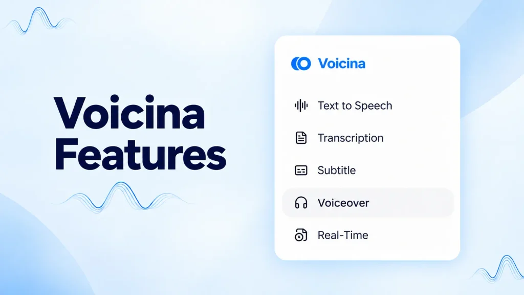 Voicina: AI Transcription, Subtitles, Translation and Dubbing 10 Voicina Features Menu on Icy Blue